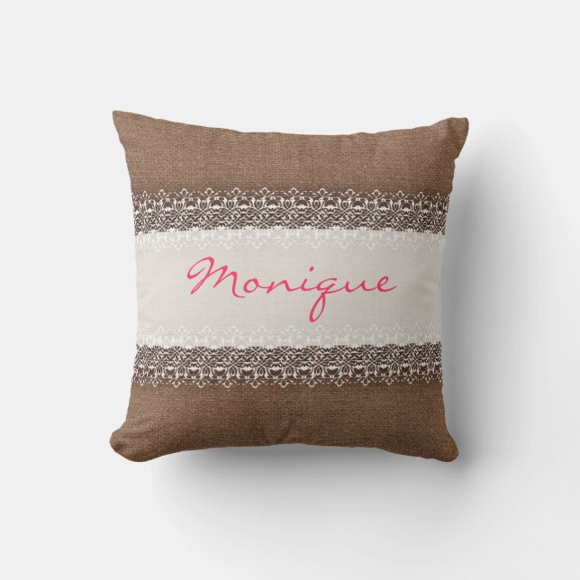 Coussin Dentelle chic minable sur la toile de jute (Recto)
