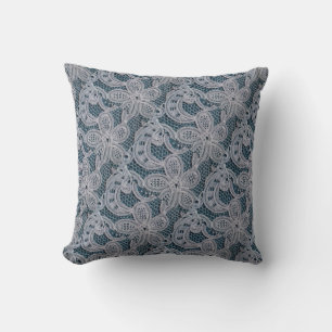 Coussin Dentelle florale bleu et blanc