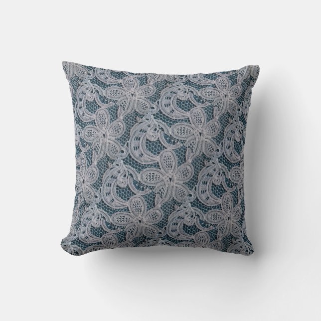 Coussin Dentelle florale bleu et blanc (Recto)