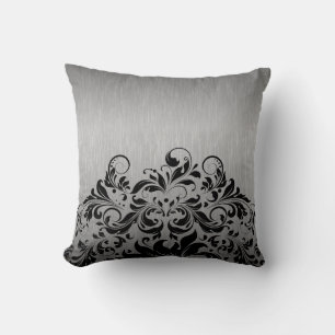 Coussin Dentelle métallique gris et noire florale
