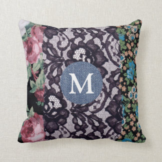 Coussin Dentelle noire tissu floral Denim Monogramme