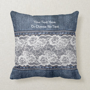 Coussin Dentelle vintage de denim de blues-jean des textes