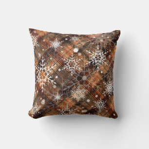 Coussin Des flocons de neige blancs sur un tartan orange-b