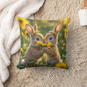 Coussin Des lapins odorent un tournesol jaune