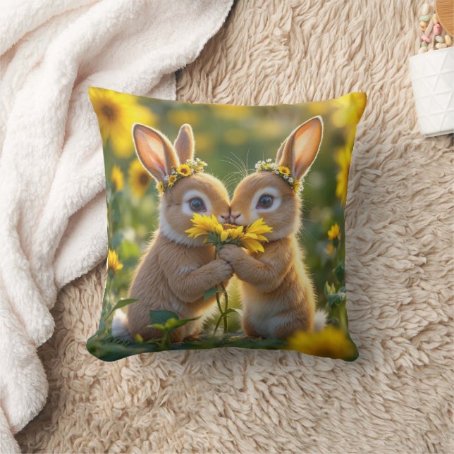 Coussin Des lapins odorent un tournesol jaune (Couverture)