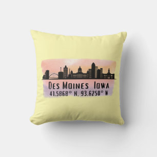 Coussin Des Moines IA City Skyline Latitude et Longitude