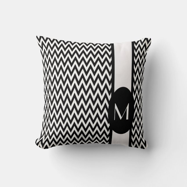 Coussin Design Chevron élégant noir avec monogramme (Recto)