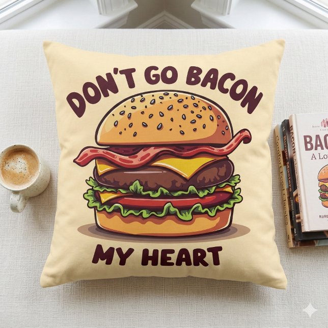 Coussin Design de cheeseburger amateur de bacon avec des j (Funny Food Pun Bacon Lover Cheeseburger Design Throw Pillow Mockup A)