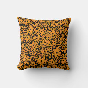 Coussin Design de fleurs - orange clair sur noir