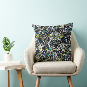 Coussin Design de motif géométrique abstrait noir tropical