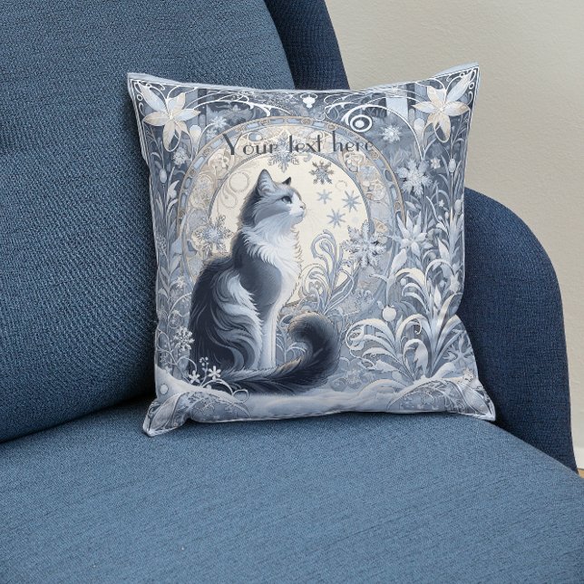 Coussin Design élégant Art Nouveau Chat Personnalisable (Personalizable wintery cat pillow)