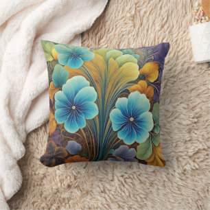 Coussin Design floral bleu et orange vibre