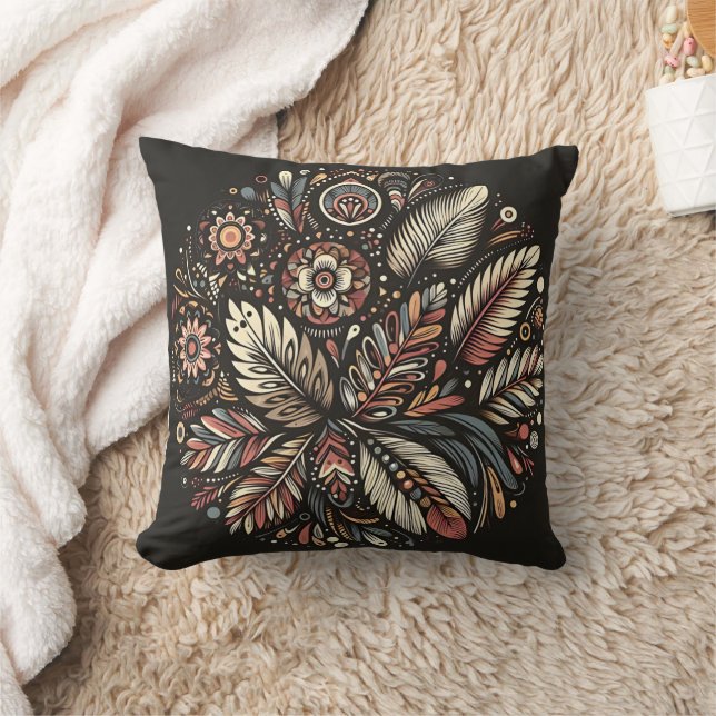 Coussin Design floral et plumes sur foncé (Couverture)
