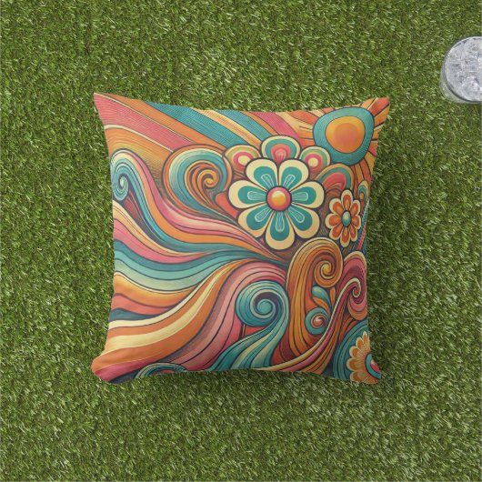 Coussin Design floral psychédélique les années 70 - Art Su (Herbe)