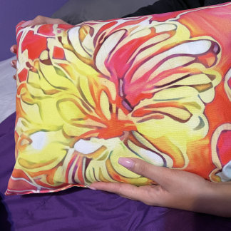 Coussin Design floral rose, pêche et jaune beau