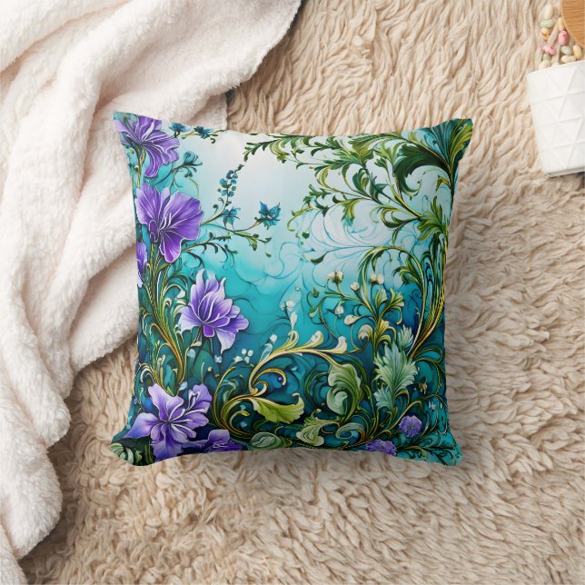 Coussin Design Floral Violet Avec Verdure (Couverture)