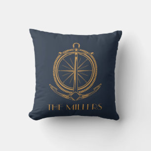 Coussin Design nautique avec boussole et ancre en or