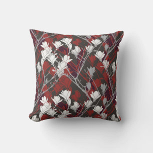 Coussin Design noir blanc gris et rouge floral