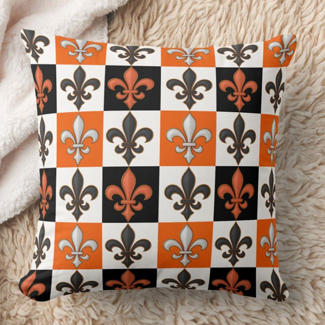 Coussin Design Orange Noir Blanc À damiers Fleur de lis (Créateur téléchargé)