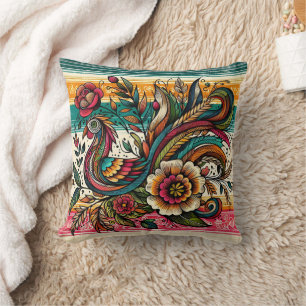 Coussin Design ornithologique et fleuri en tourbillons col