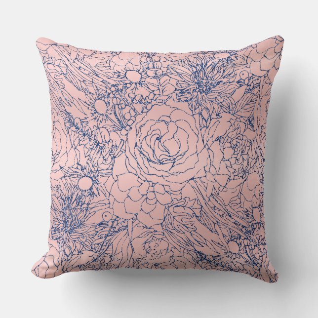 Coussin Design stylé métal marine bleu et rose floral (Recto)