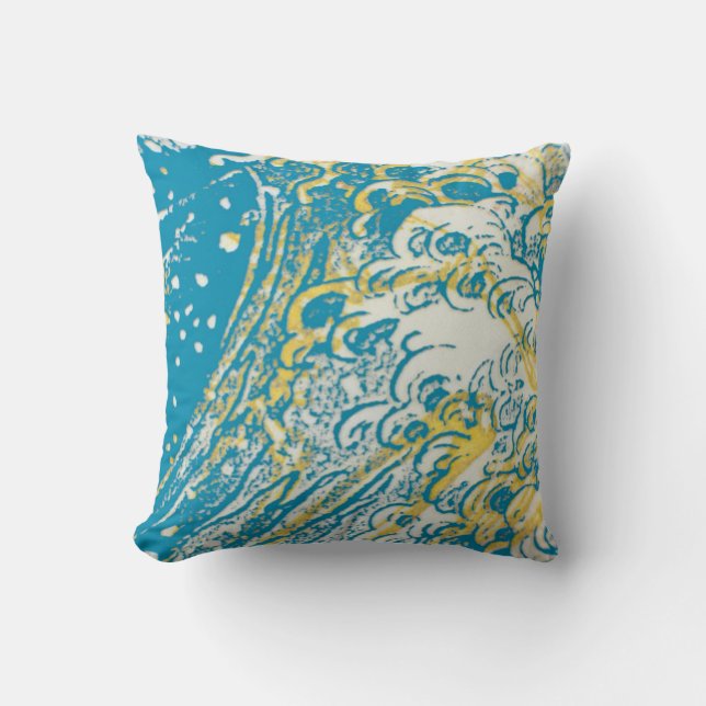 coussin design turquoise blanc jaune vagues (Recto)