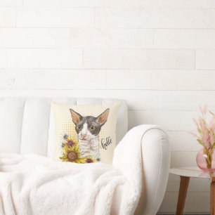 Coussin Dessin à la main Cornish Rex chat avec tournesol