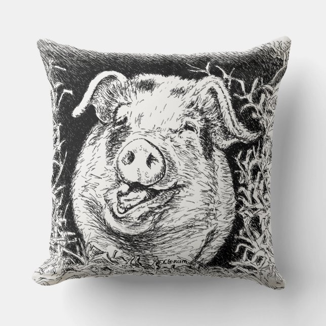 Coussin dessin animal de porc heureux (Recto)