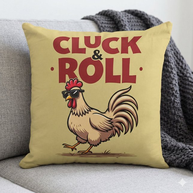 Coussin Dessin animé de coq cool "Cluck & Roll" drôle (Funny Cluck & Roll Cool Rooster Cartoon Design Throw Pillow  Mockup A)