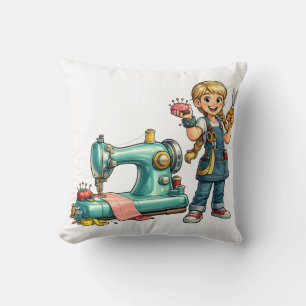 Coussin Dessin animé de jolie fille couturière avec une ma