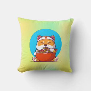 Coussin Dessin animé de Shiba Inu mignon mangeant des noui