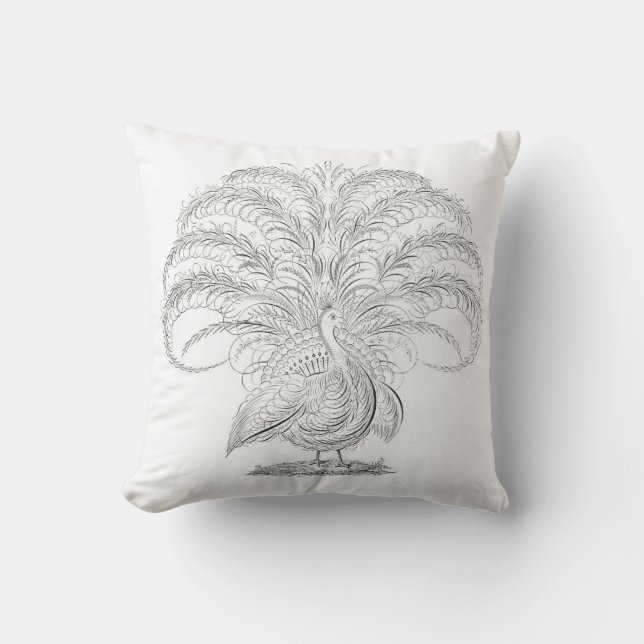 Coussin Dessin blanc noir vintage de paon (Recto)