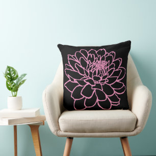 Coussin Dessin Chrysanthemum - rose sur noir