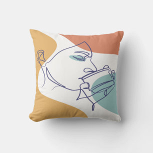 Coussin dessin d'art affiche d'une femme buvant du café