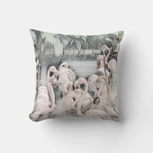 Coussin Dessin de Flamants roses roses et blancs dans l'ea