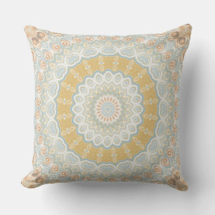 Coussin Dessin de motif mandala beige doré et bleu