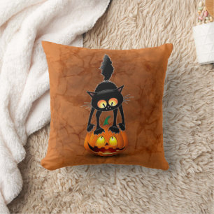 Coussin Dessin d'Halloween au chat effrayé sur Citrouille
