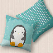 Coussin Dessin d'hiver de pingouin mignon et nom bleu 2 cô