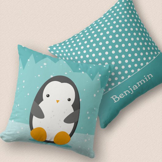 Coussin Dessin d'hiver de pingouin mignon et nom bleu 2 cô