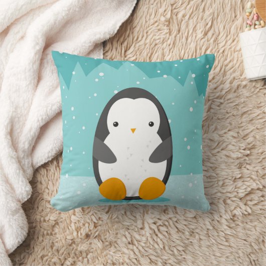 Coussin Dessin d'hiver de pingouin mignon et nom bleu 2 cô (Couverture)
