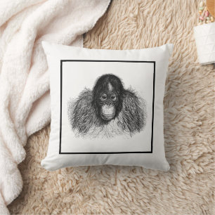 Coussin Dessin doux Orangoutan noir et blanc