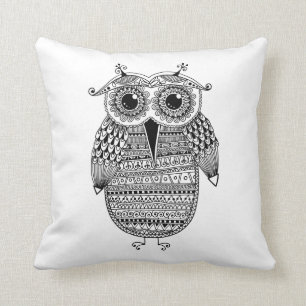 Coussin Dessin ethnique d'encre de hibou