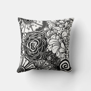 Coussin Dessin Floral Zen Noir Et Blanc