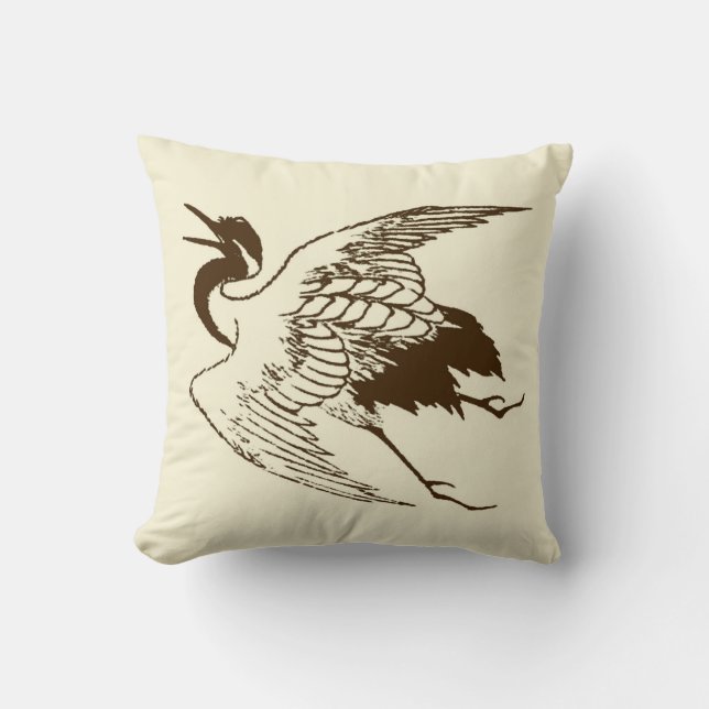 Coussin Dessin japonais vintage d'une grue en Brown (Recto)