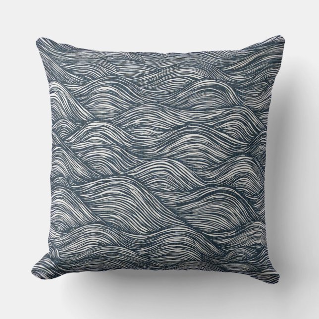Coussin Dessin linéaire de vagues en indigo (Recto)