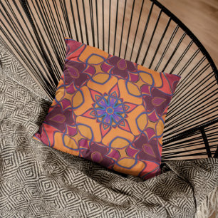 Coussin Dessin Mandala Fleur orange violet et bleu