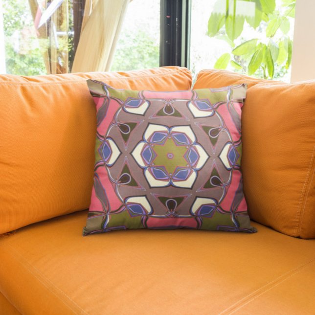 Coussin Dessin Mandala Flower bleu rose et jaune (Créateur téléchargé)