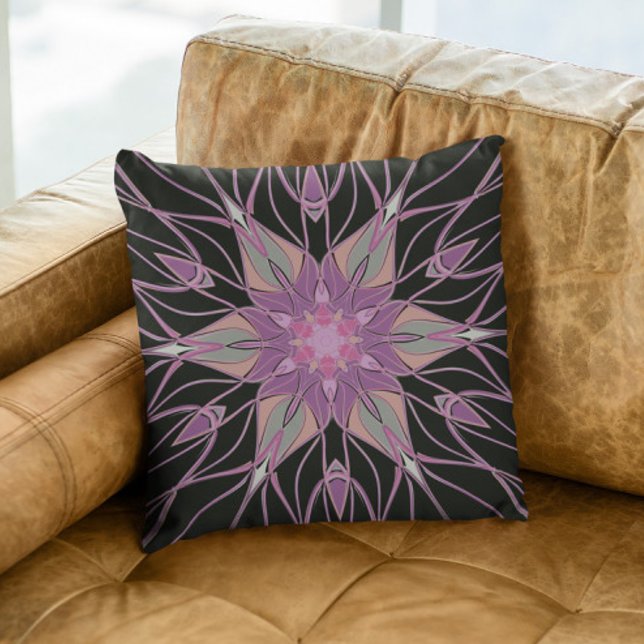 Coussin Dessin Mandala Flower noir violet et rose (Créateur téléchargé)