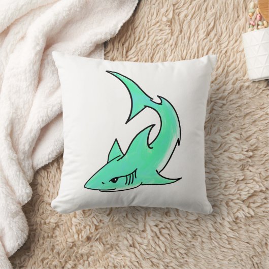 Coussin dessin souriant requin menthe bleu vert océan anim (Couverture)