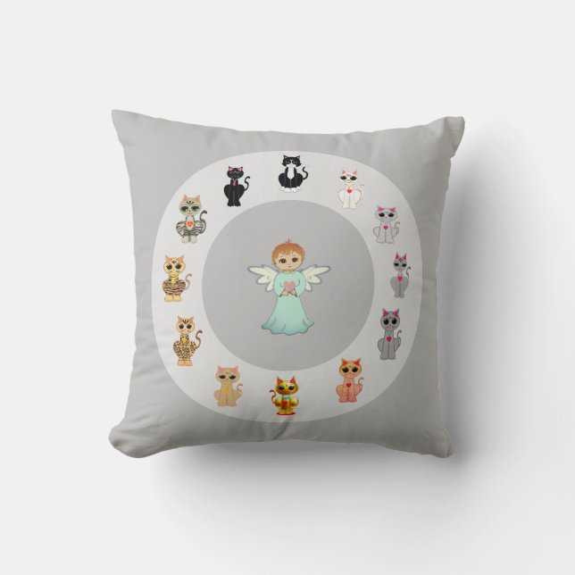 Coussin Dessins animés de chat et d'ange mignons sur gris  (Recto)